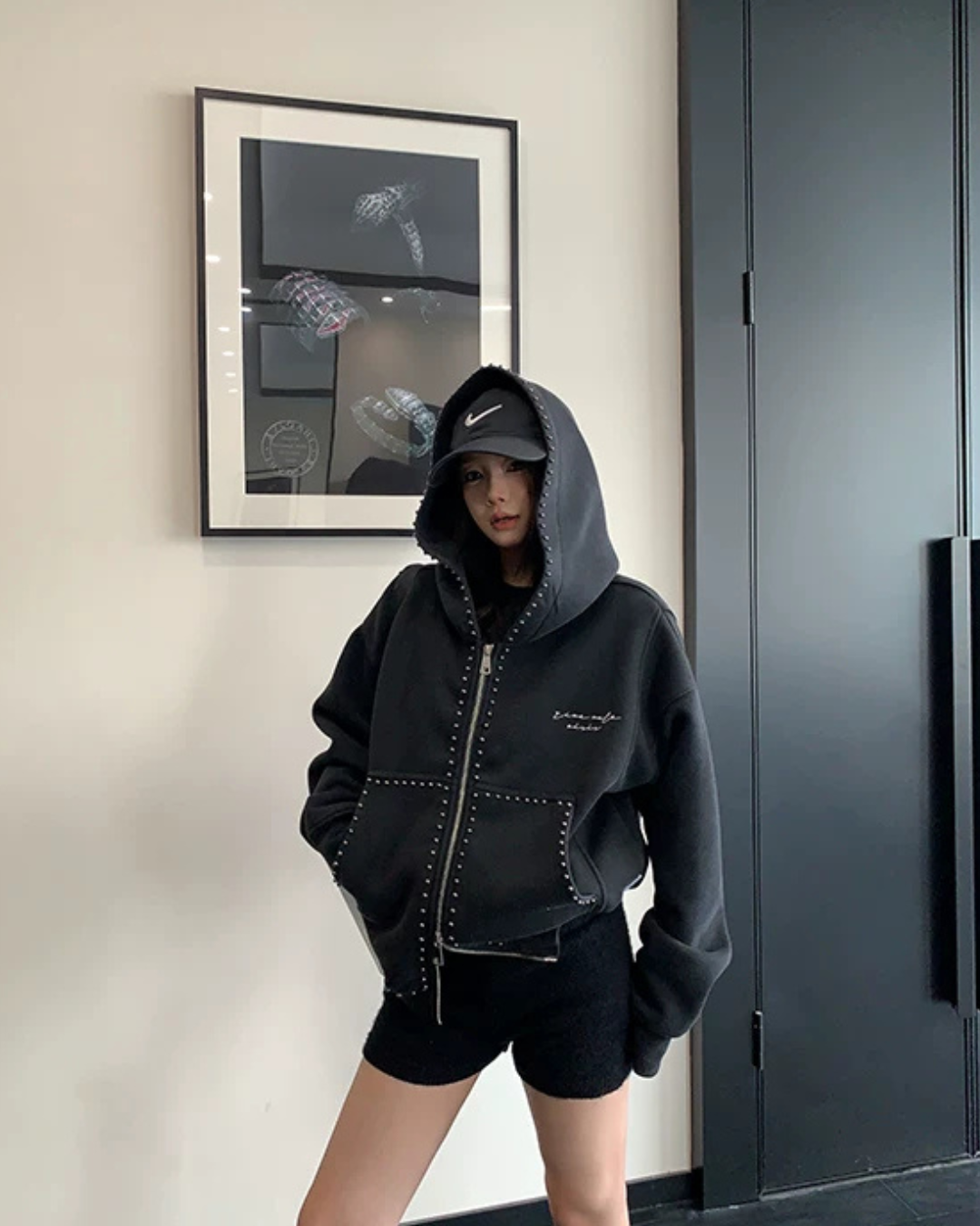 Studded Design Hooded Zip Jacket YLS1033