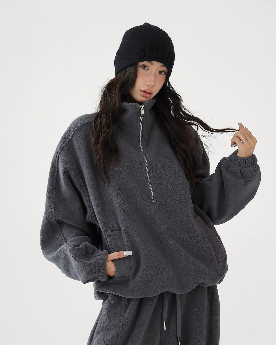Half-Zip Stand Collar Fleece Top / Wide-Leg Sweatpants ACS0300