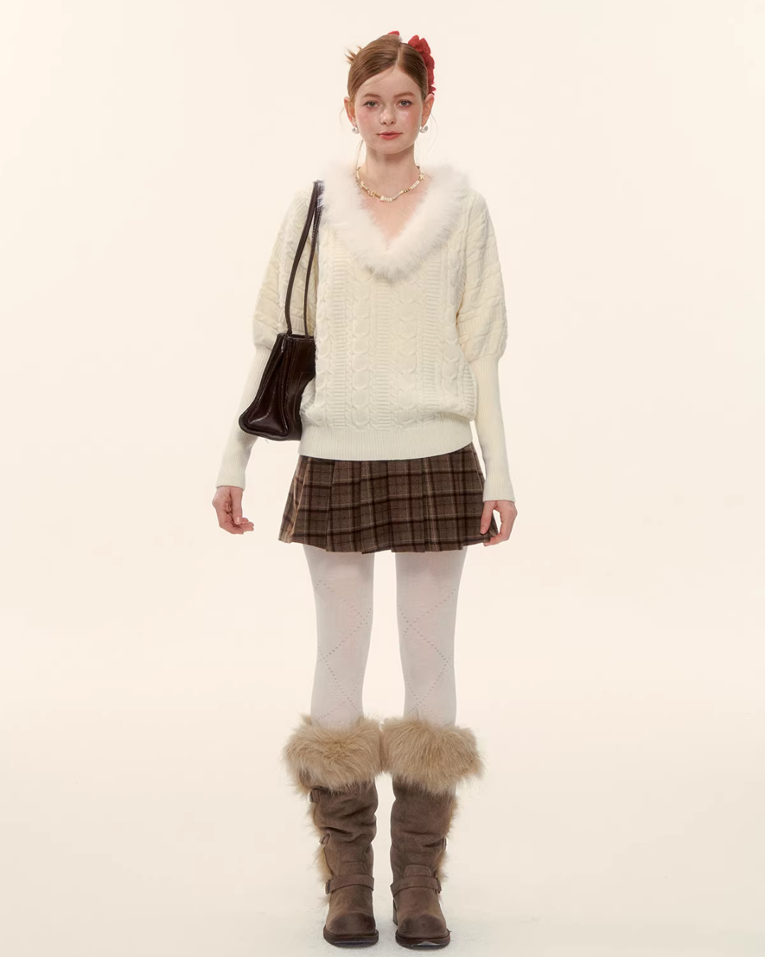 Fur Collar Cable Knit Top ASG0077