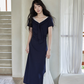 V-neck Navy Blue Dress SMS0025