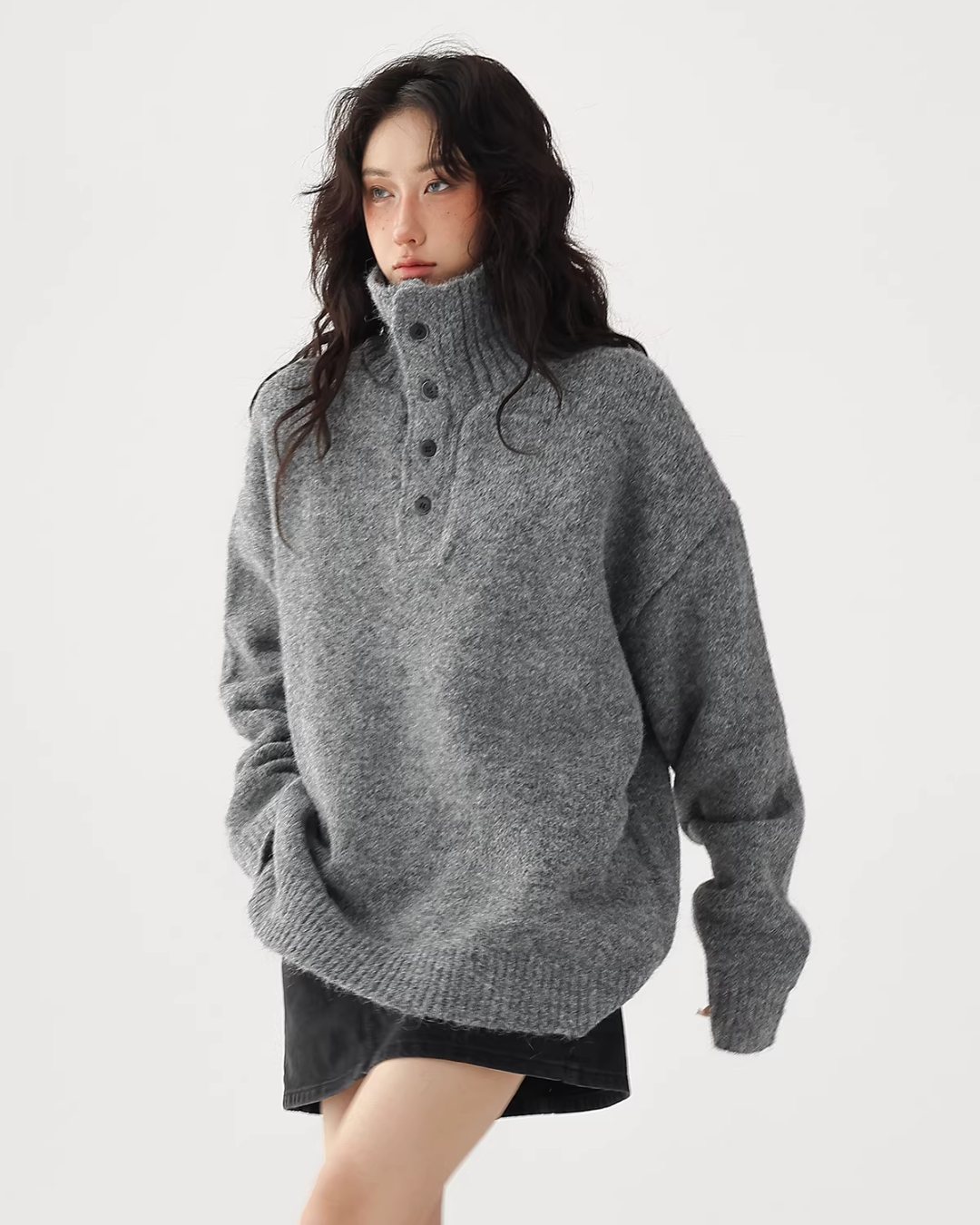 High Neck Half Button Knit Top ACS0354