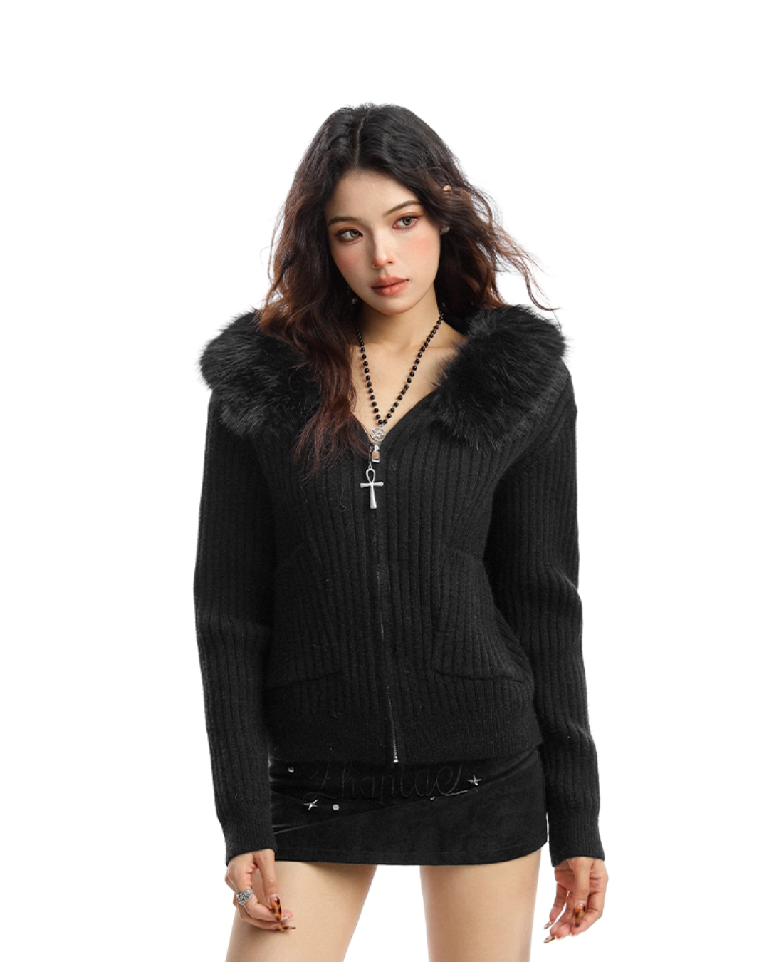Faux Fur Zip Knit Top BGS0042