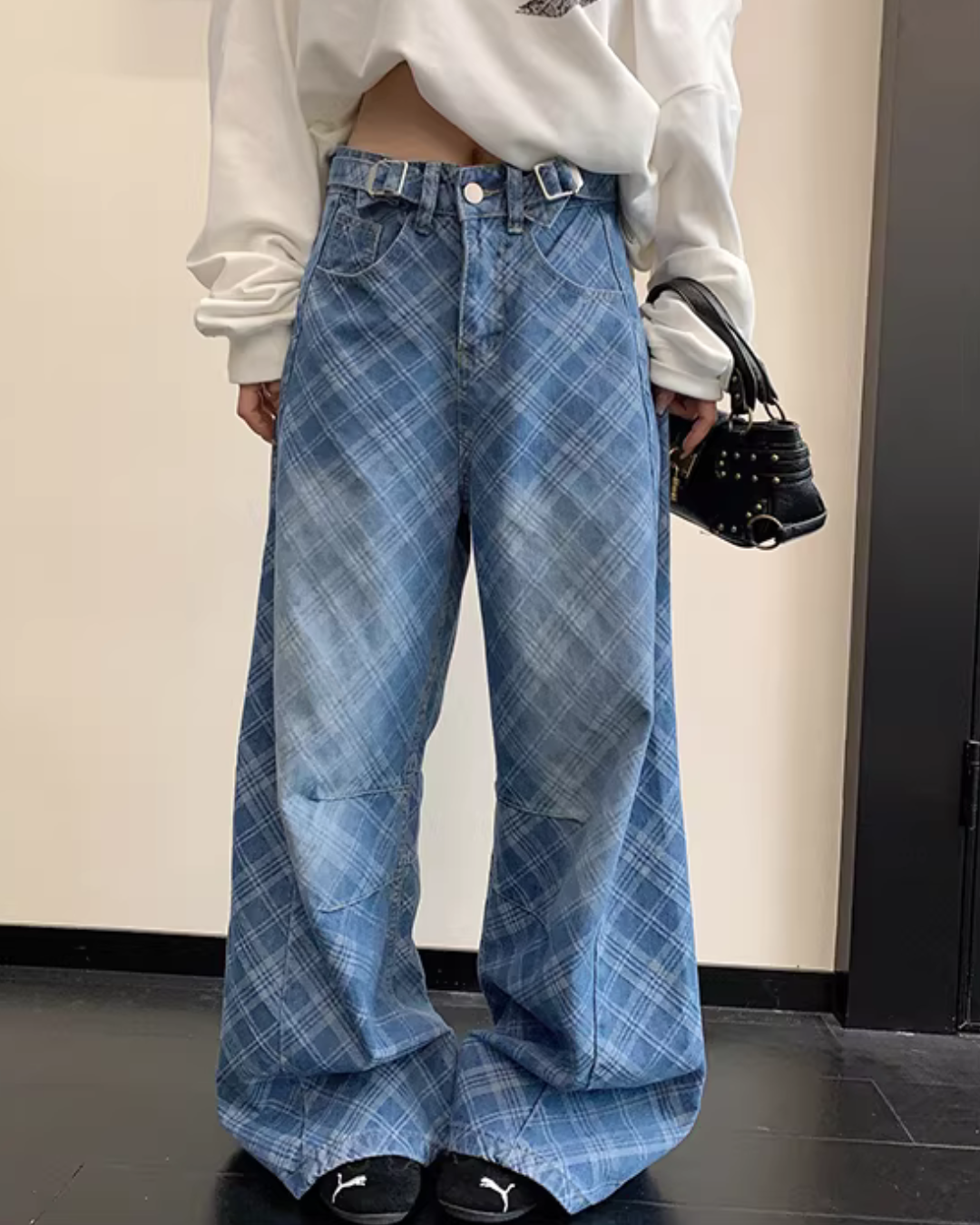 Plaid Wide-Leg Jeans YLS1019