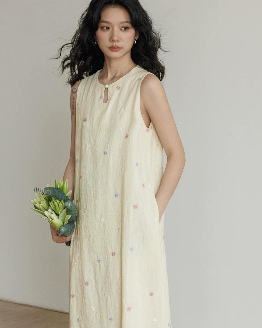 Flower Embroidery Pearl Button Long Dress VAS0203