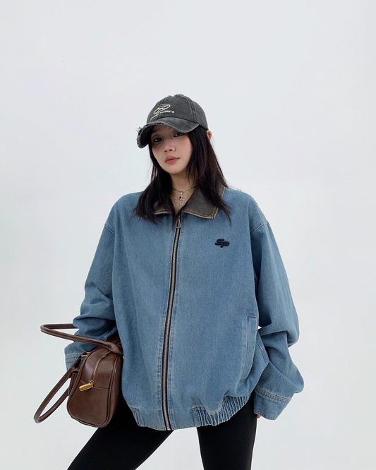 Leather Collar Denim Jacket YLS0739