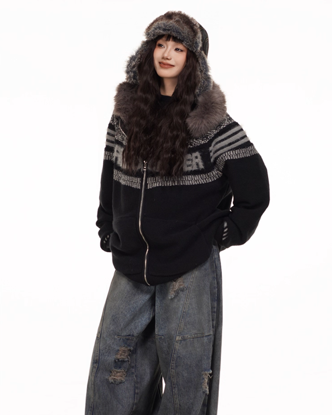 Fur Hood Retro Knit Cardigan FEC0002