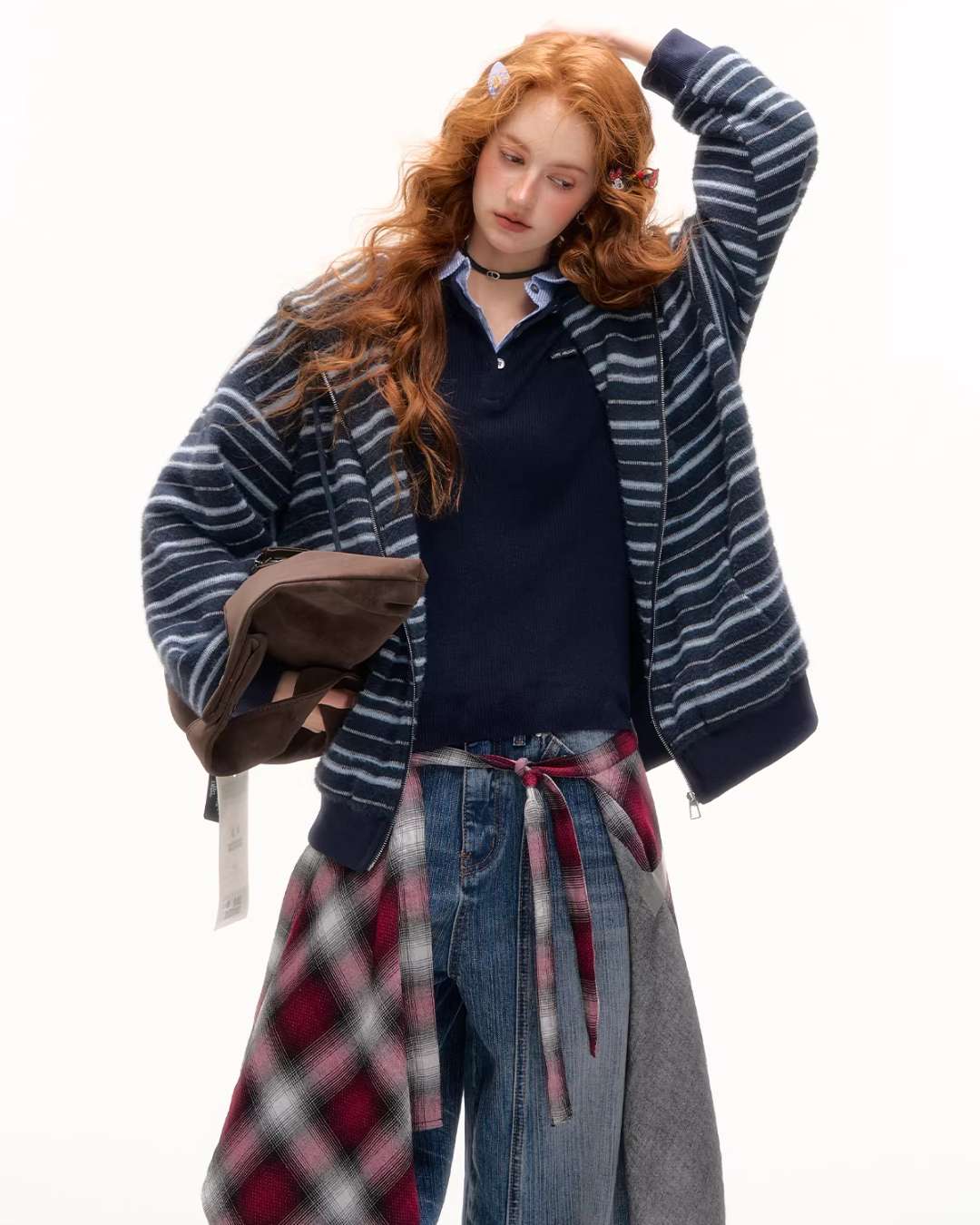 Striped Cat Ear Hoodie / Layered-Style Design Shirt ASG0076