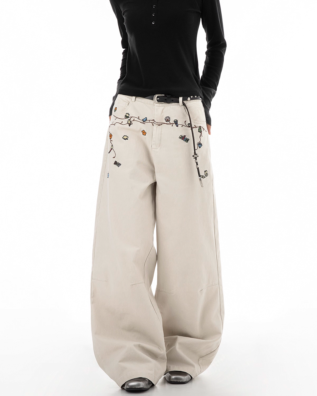 Floral Embroidery Wide Denim Pants ICM0116