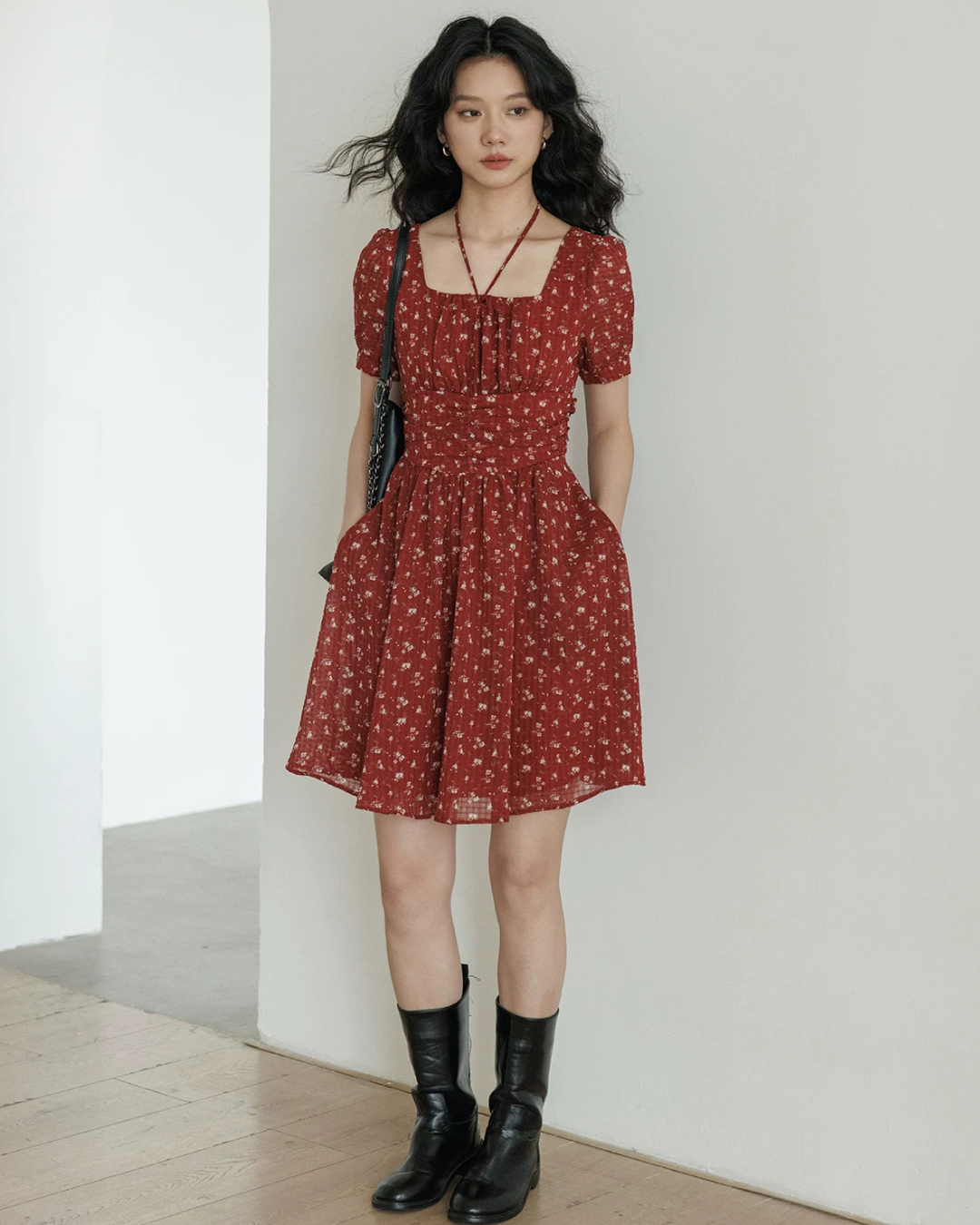Square Neck Flower Mini Dress VAS0195