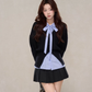 V-Neck Knit Cardigan / Ribbon Stripe Shirt / Pleated Skirt WDB0024