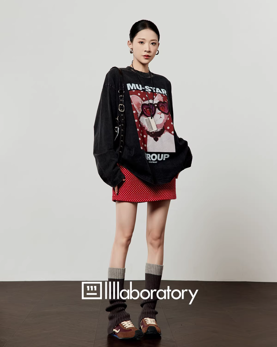 Cat Print Long Sleeve T-shirt / Polka Dot Mini Skirt LLA0593