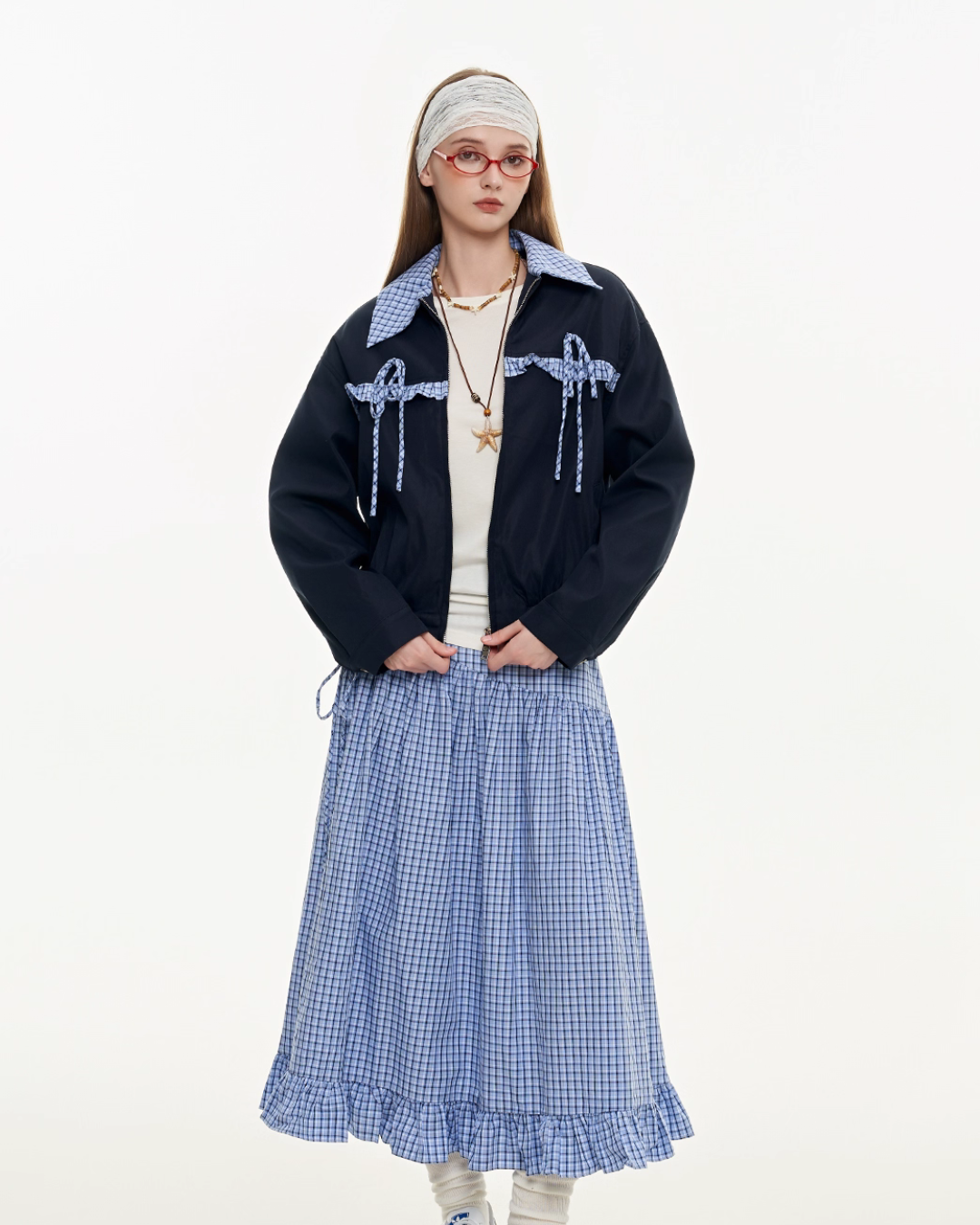 Retro Check Patchwork Jacket / A-Line Skirt MDB0011