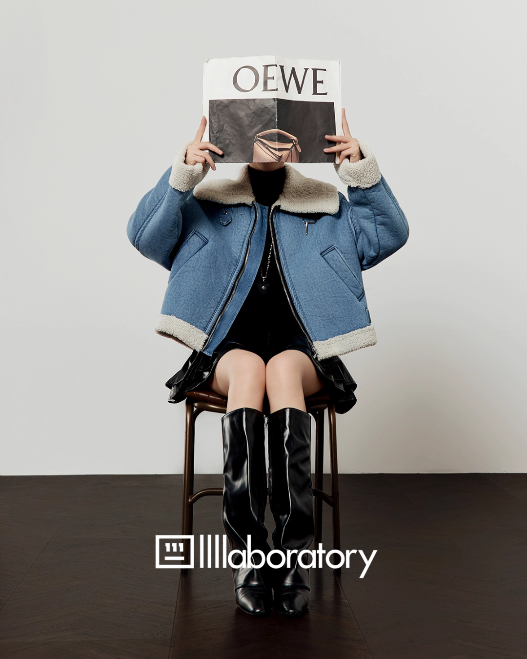 Denim Mouton Jacket / Leather Tiered Skirt  LLA0569