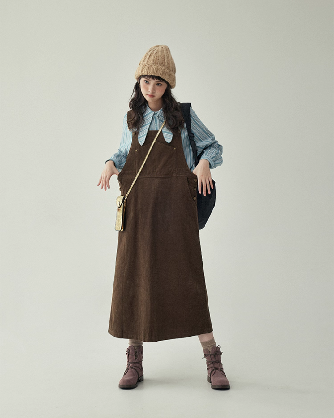 Blue Stripe Shirt / Wide Denim Pants / Corduroy Overall Skirt AMU0033