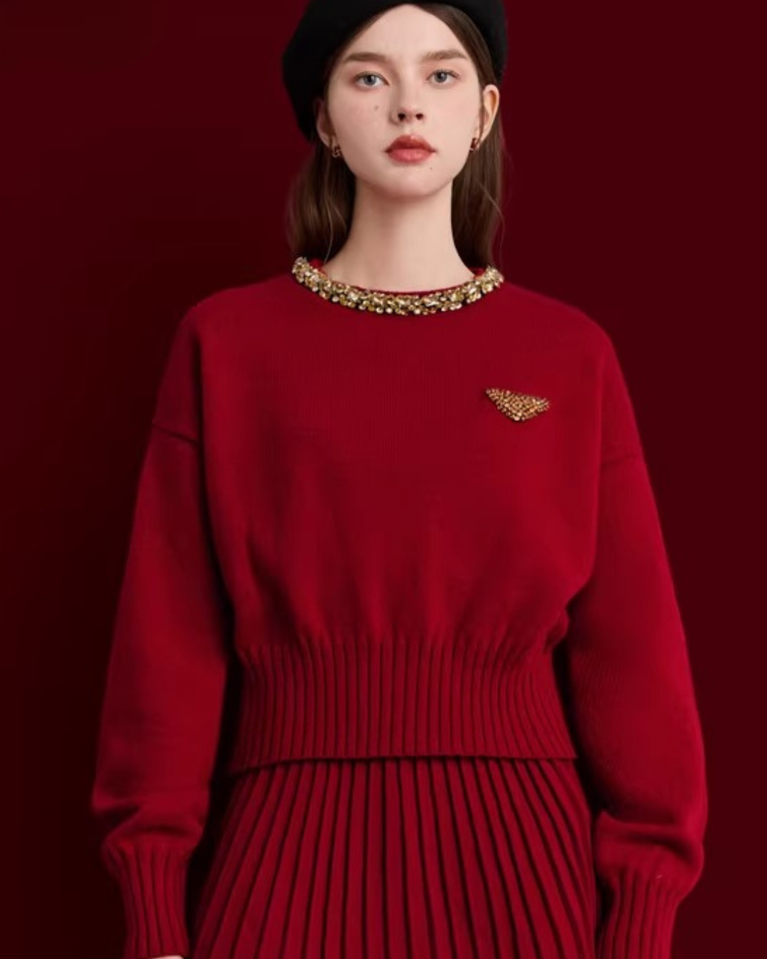 Sparkling Collar Knit Top / Knit Pleated Skirt DPY0075