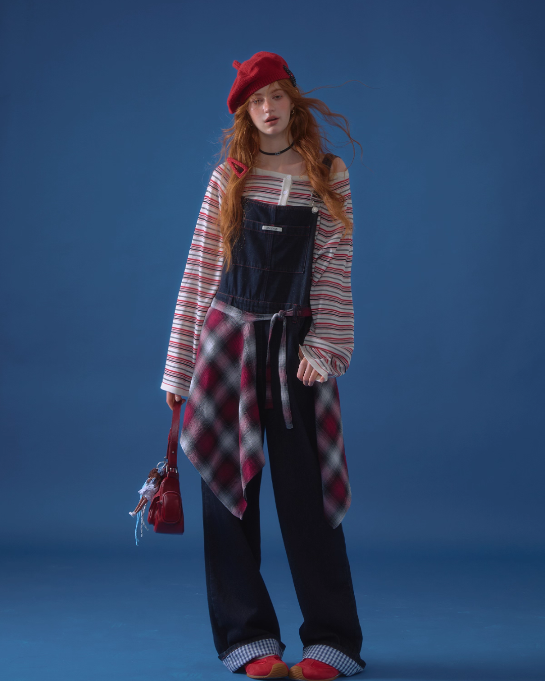 Half Button Border Top / Wide-Leg Denim Overalls ASG0053