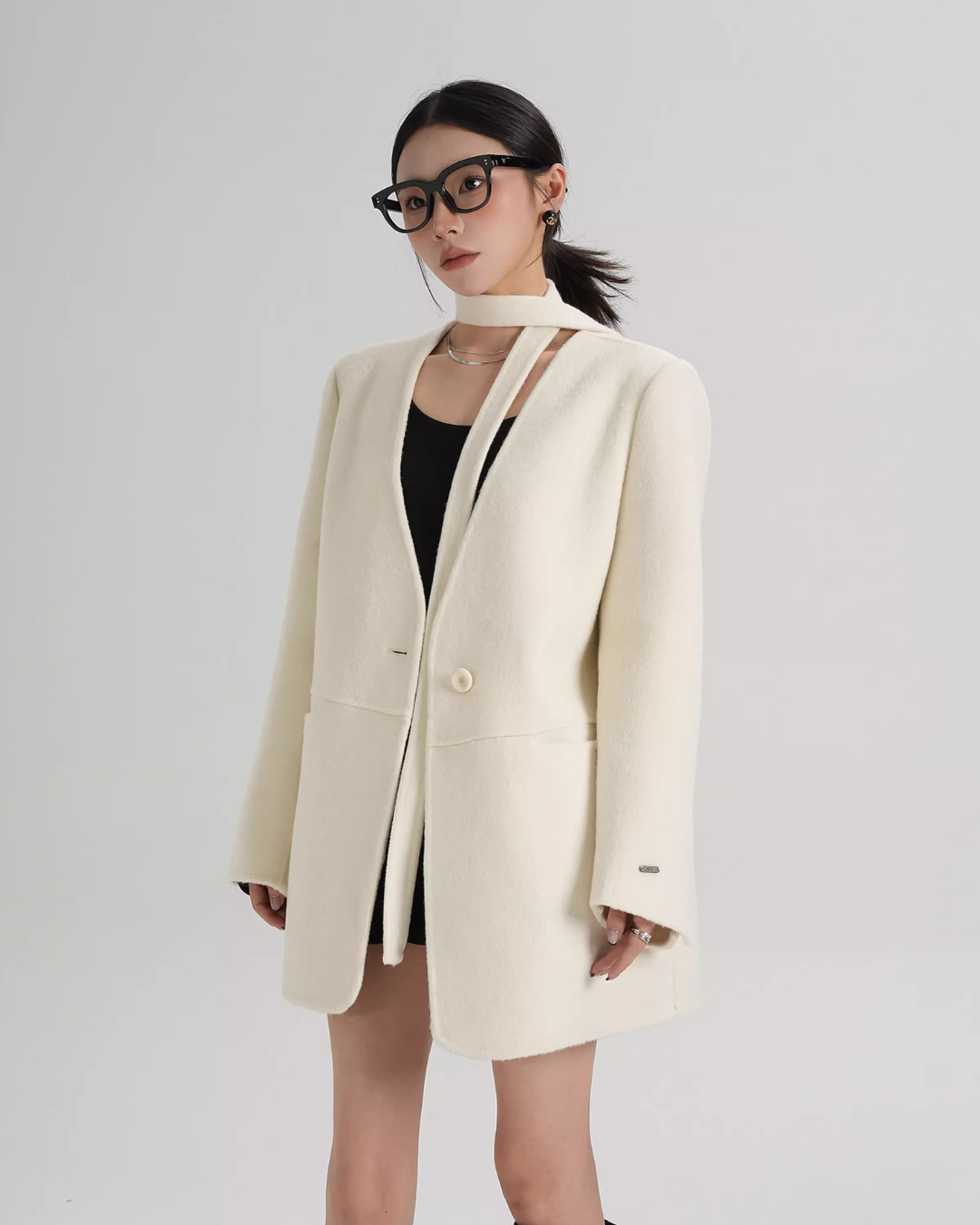 Collarless Wool Coat with Choker SRS0393
