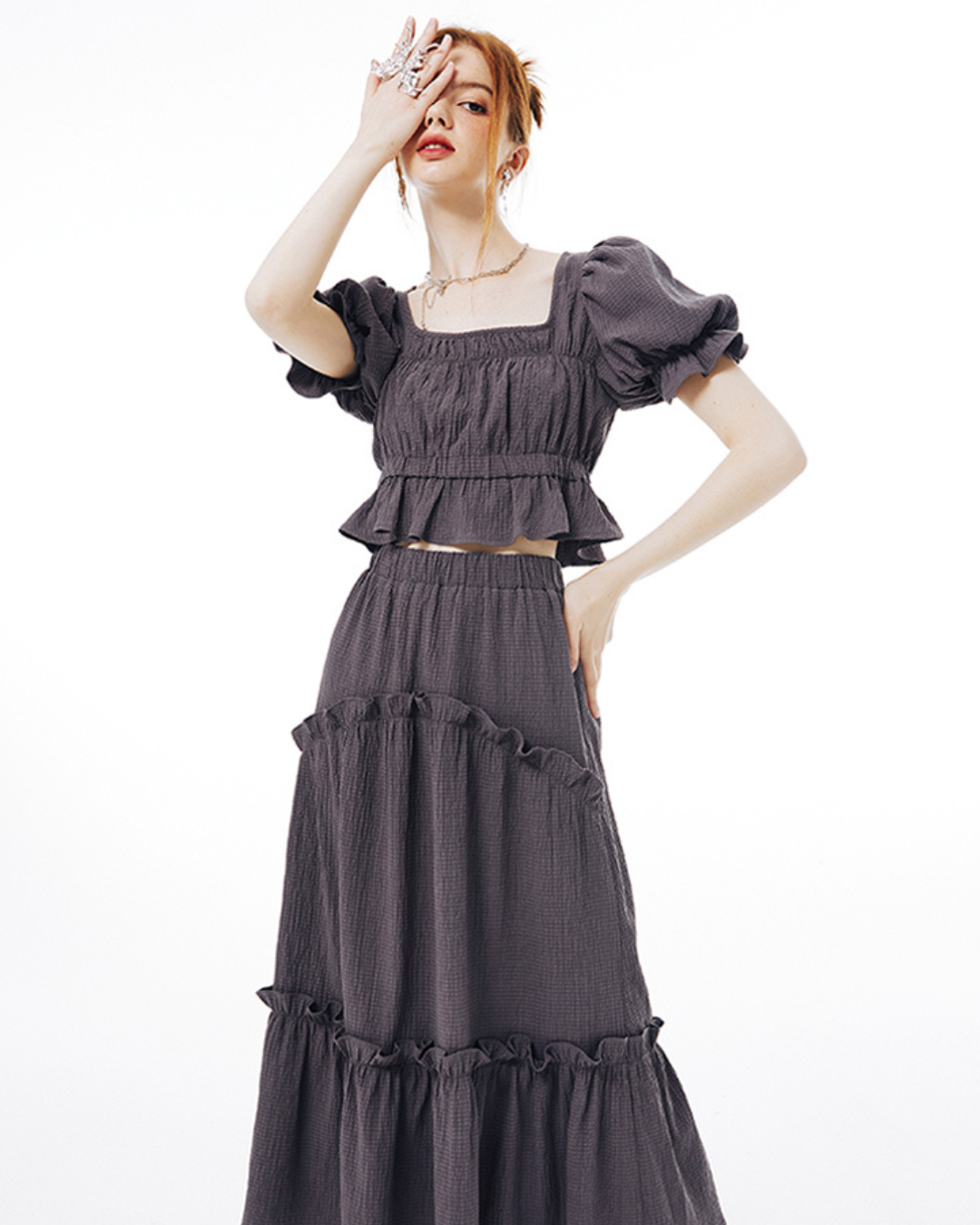 Balloon Sleeve Ruffle Dress IMO0065