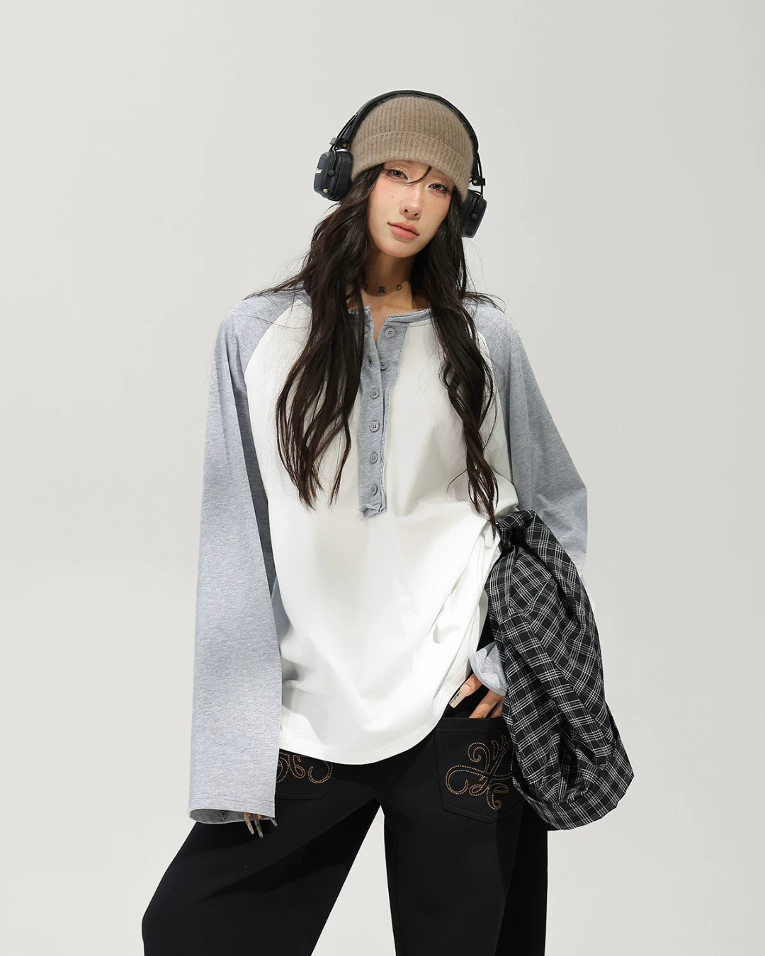 Henley Neck Raglan Sleeve Long-Sleeve T-Shirt ACS0382