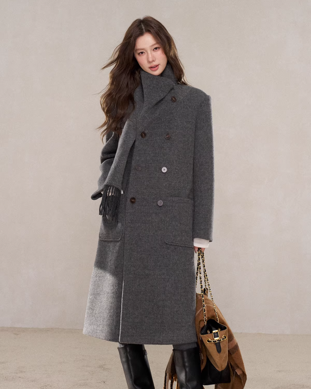 Scarf Collar Double Breasted Wool Coat WDB0003