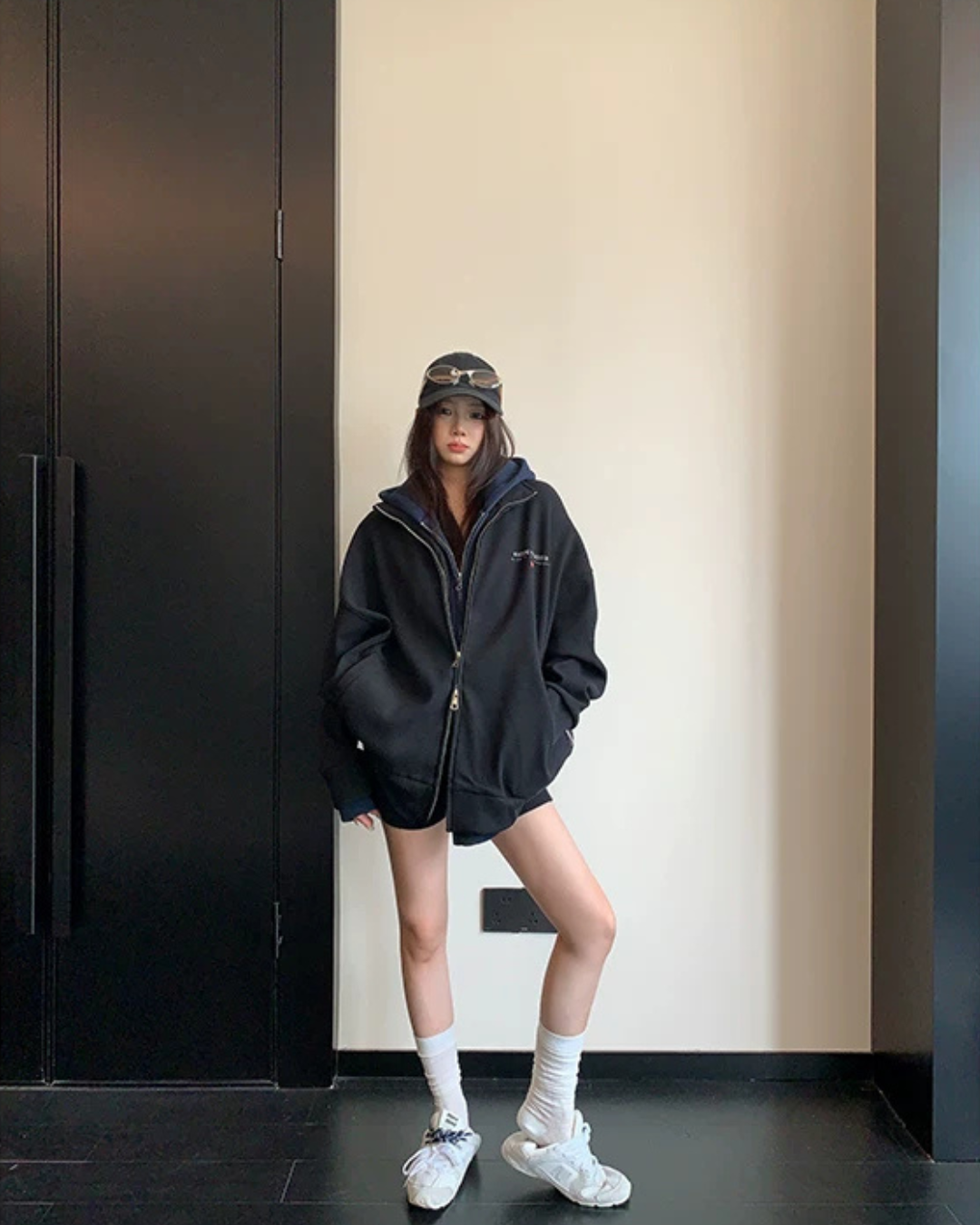 Labeled Button Double Zip Hoodie YLS1076