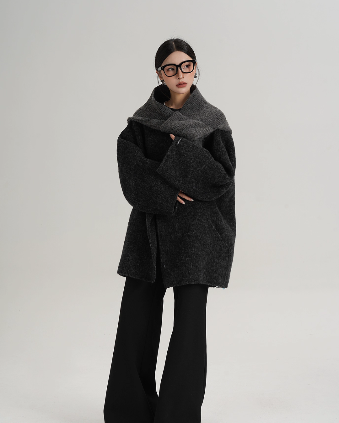 Hood Scarf Mid Length Wool Coat SRS0358