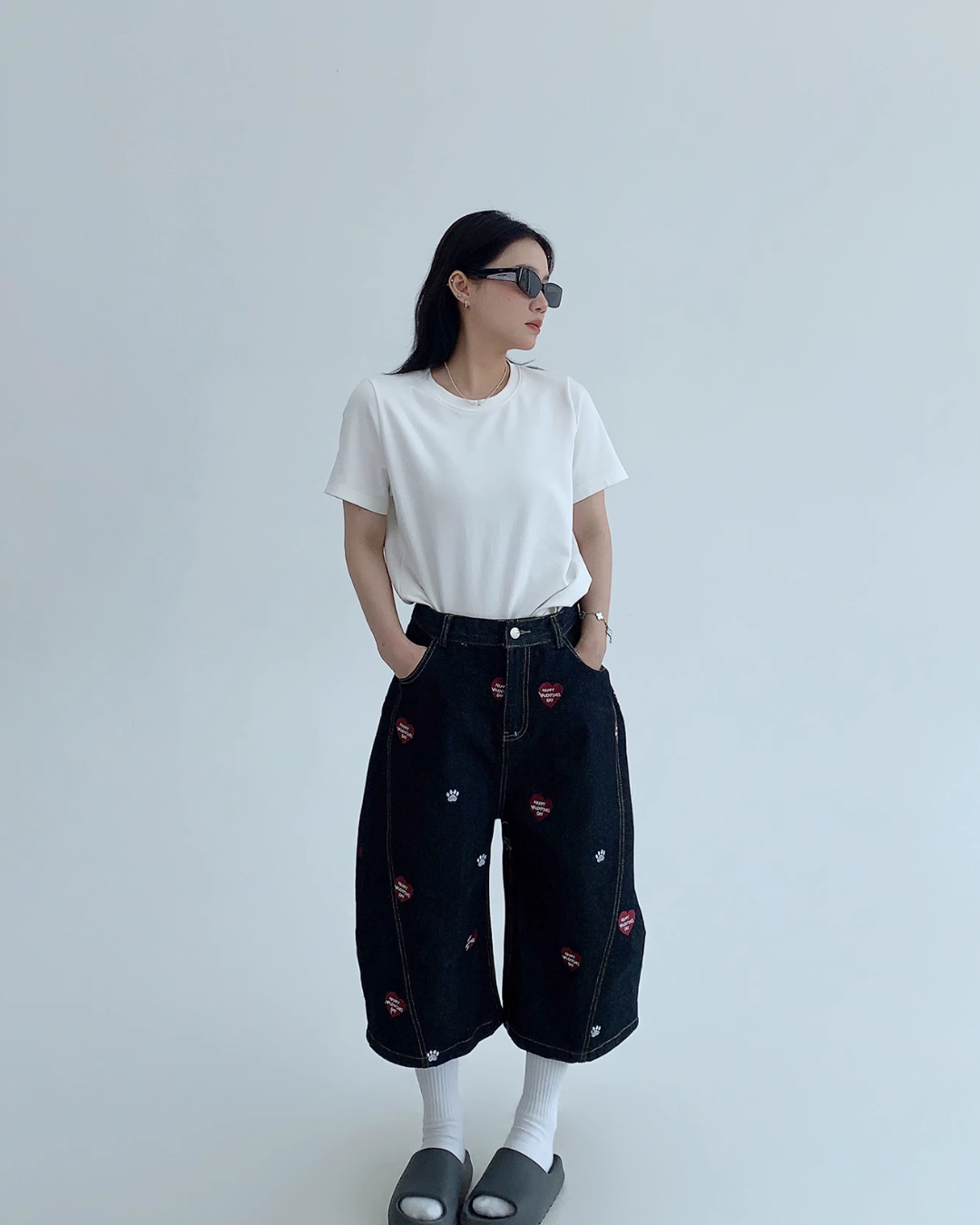 Heart Embroidery Design Wide Denim Pants YLS0851