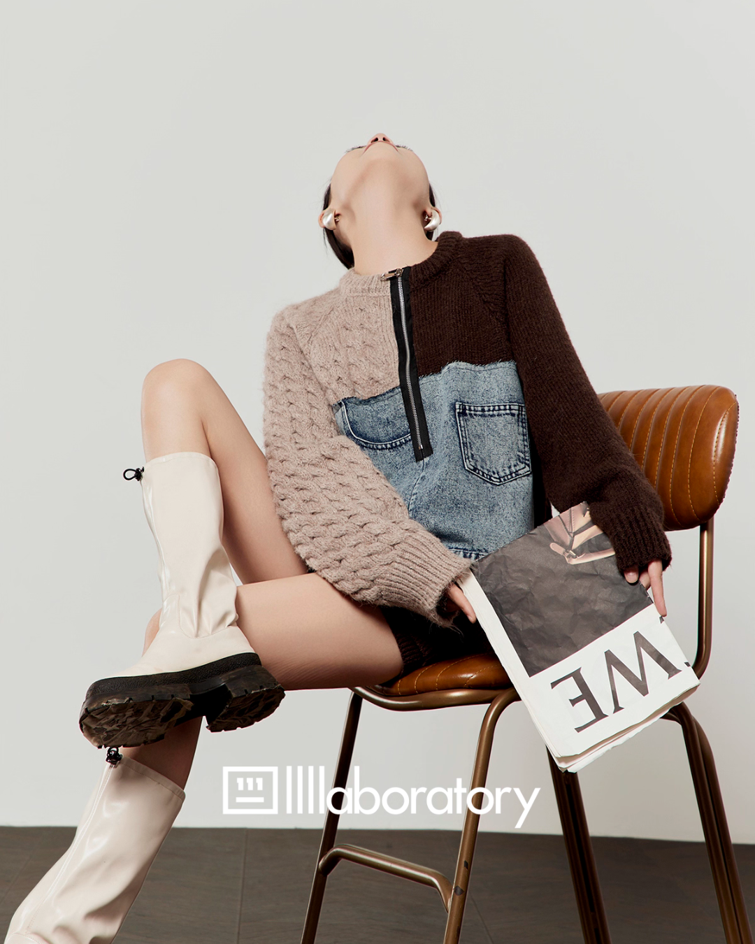 Color Block Denim Patchwork Top / Knit Mini Skirt LLA0578