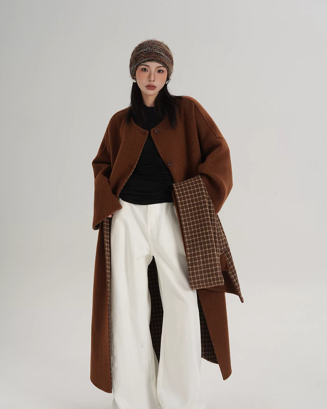 Collarless Coat with Checkered Scarf SRS0405
