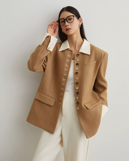 Button-Design Luxury Jacket / White Straight Pants SUY0029