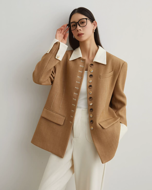 Button-Design Luxury Jacket / White Straight Pants SUY0029