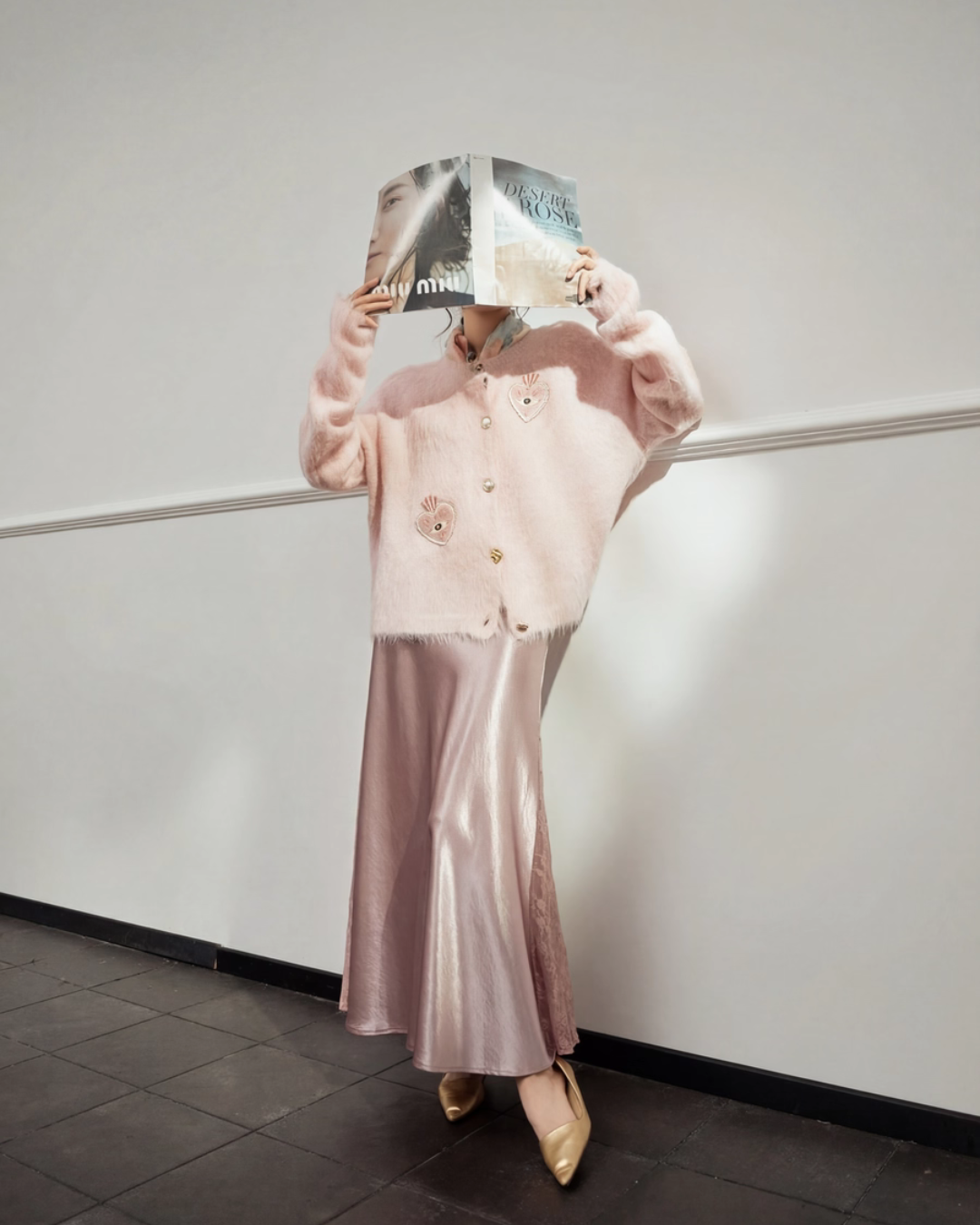 Heart Patch Shaggy Knit Cardigan / Pink Mini Skirt LLA0592