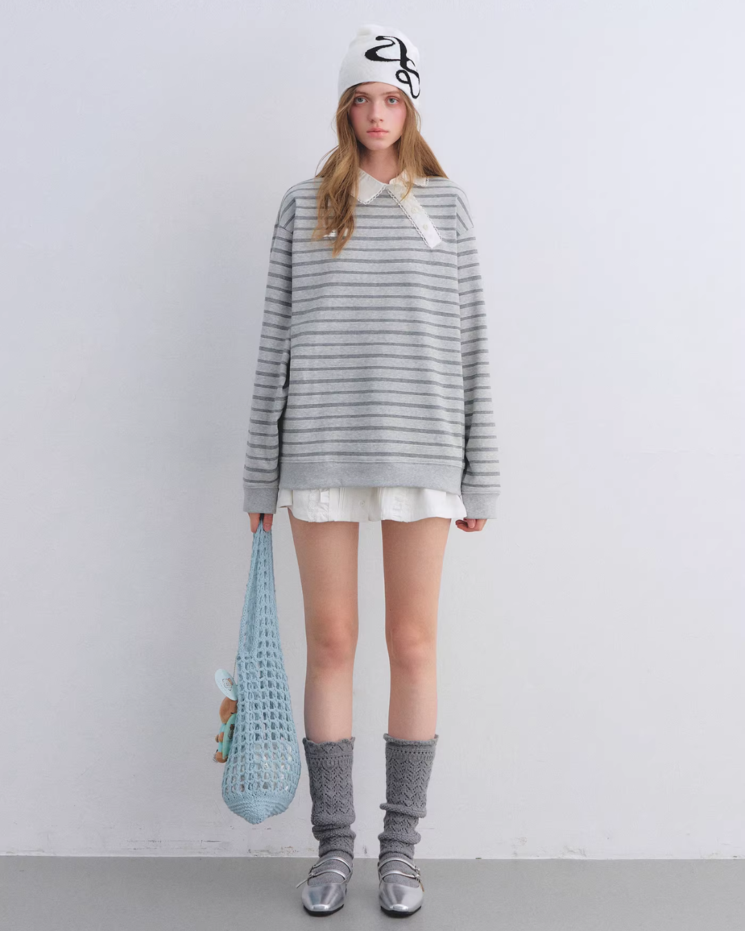 Button Lace Collar Striped Top ASG0085