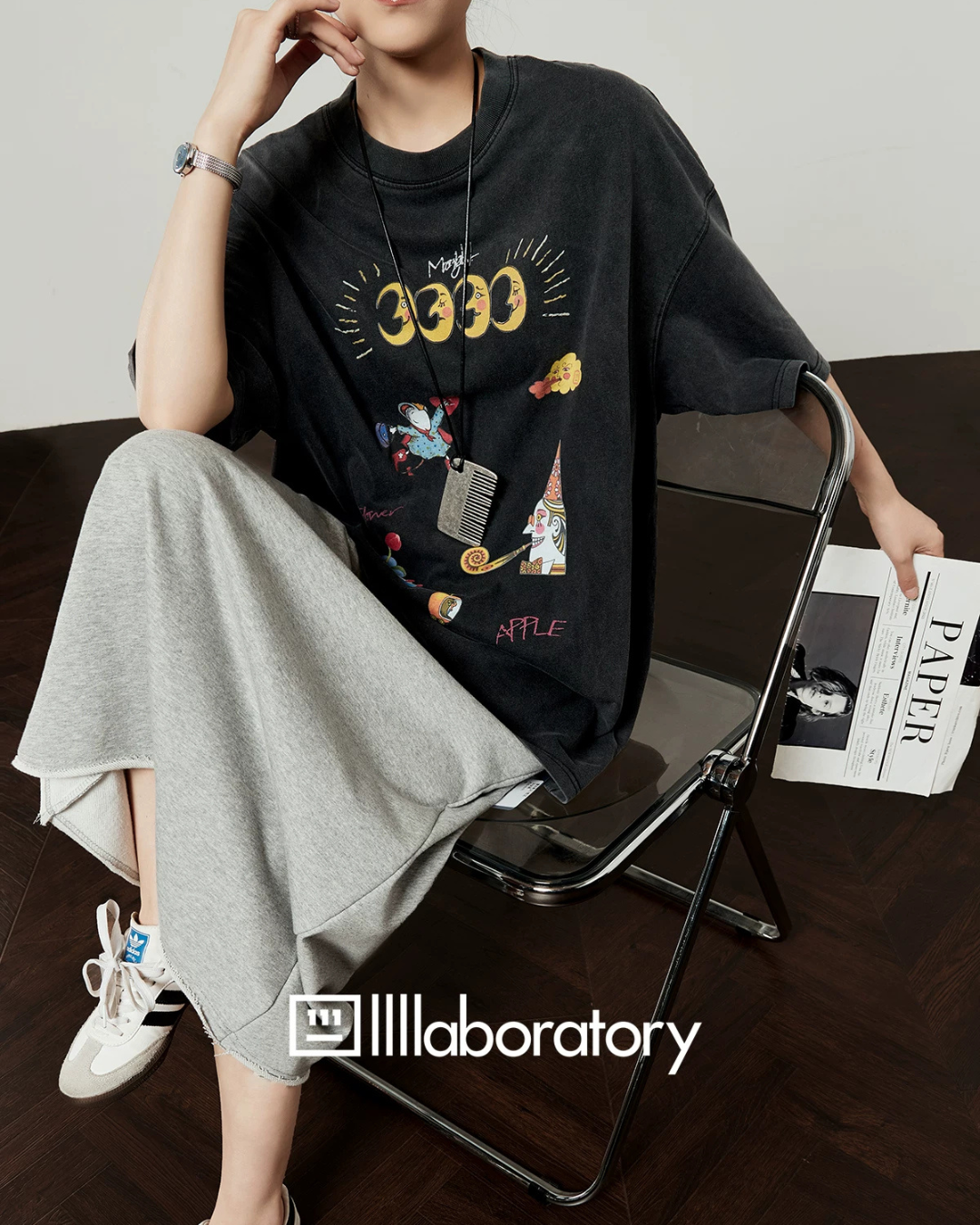 Vintage Print Short-Sleeve T-Shirt / Sweat Long Skirt LLA0653