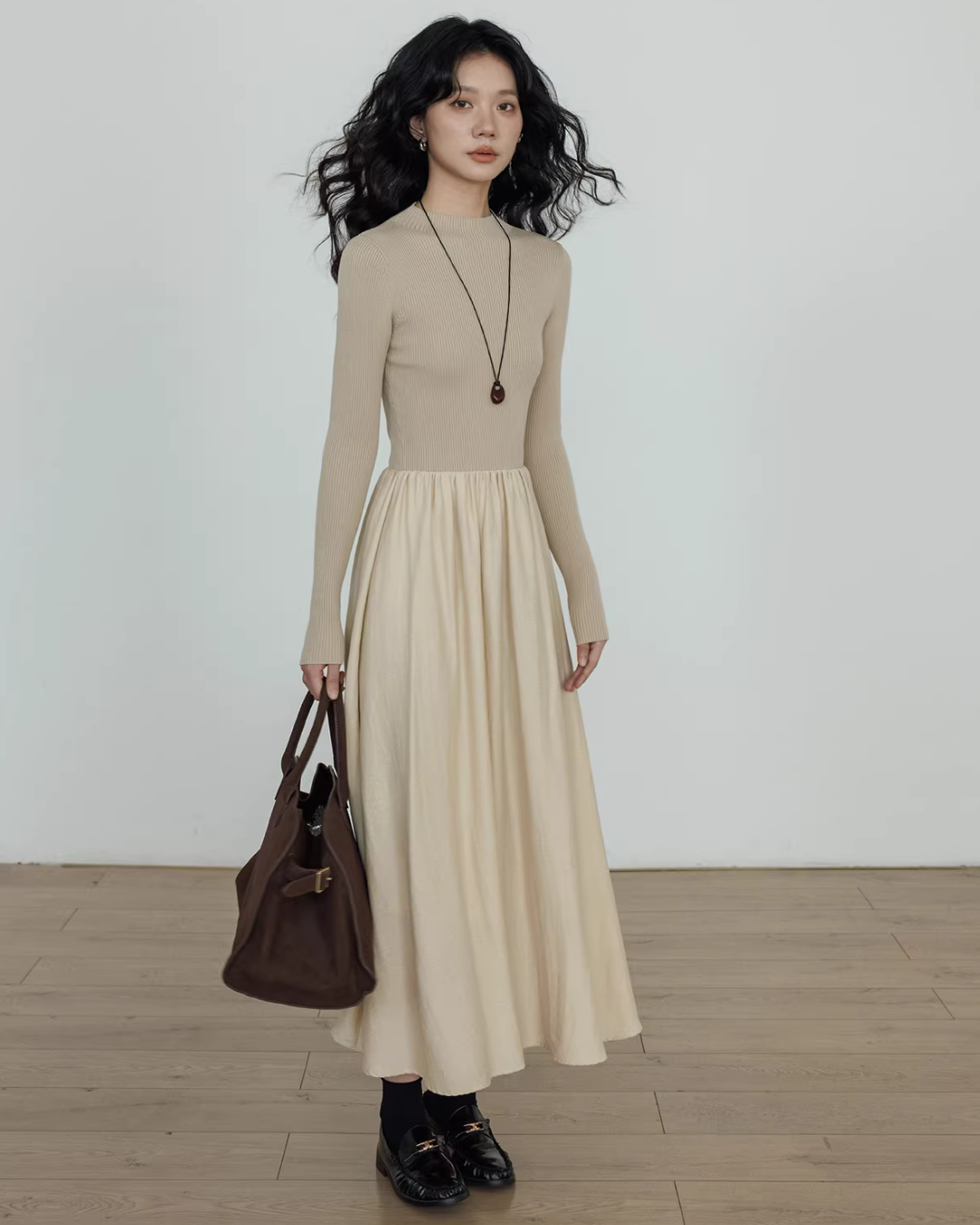 Mock Neck Top Docking Flare Skirt VAS0183