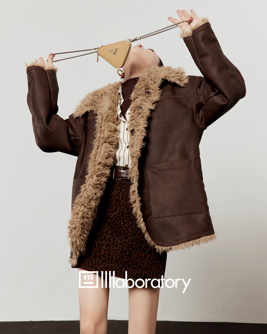 Faux Mouton Coat / Leopard Print Mini Skirt LLA0557