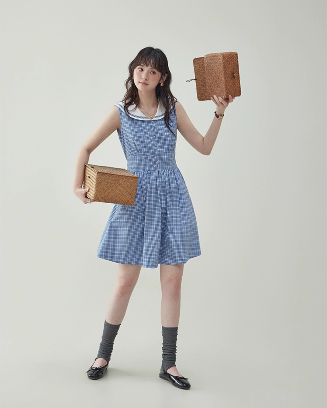 Blue Plaid Sleeveless Collar Dress AMU0031