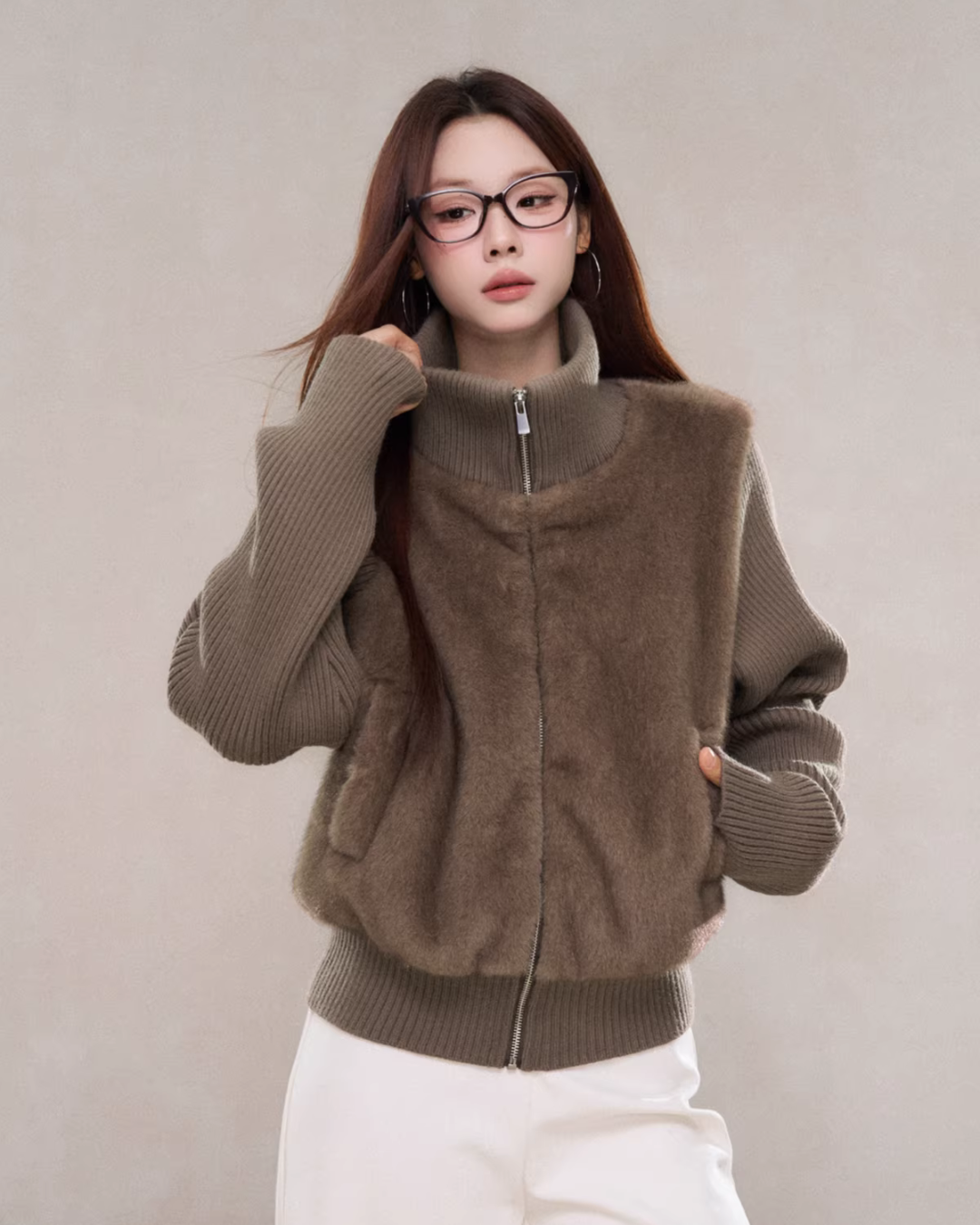 Stand Collar Fur Knit Jacket WDB0005