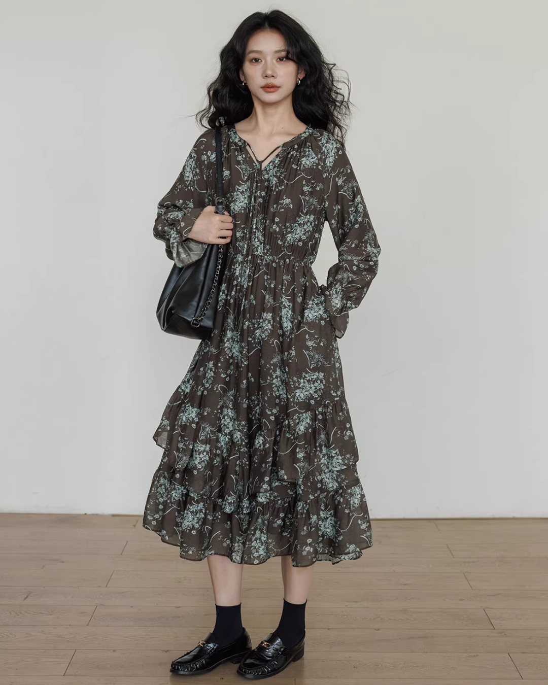 V-Neck Floral Vintage Shirt Dress VAS0192