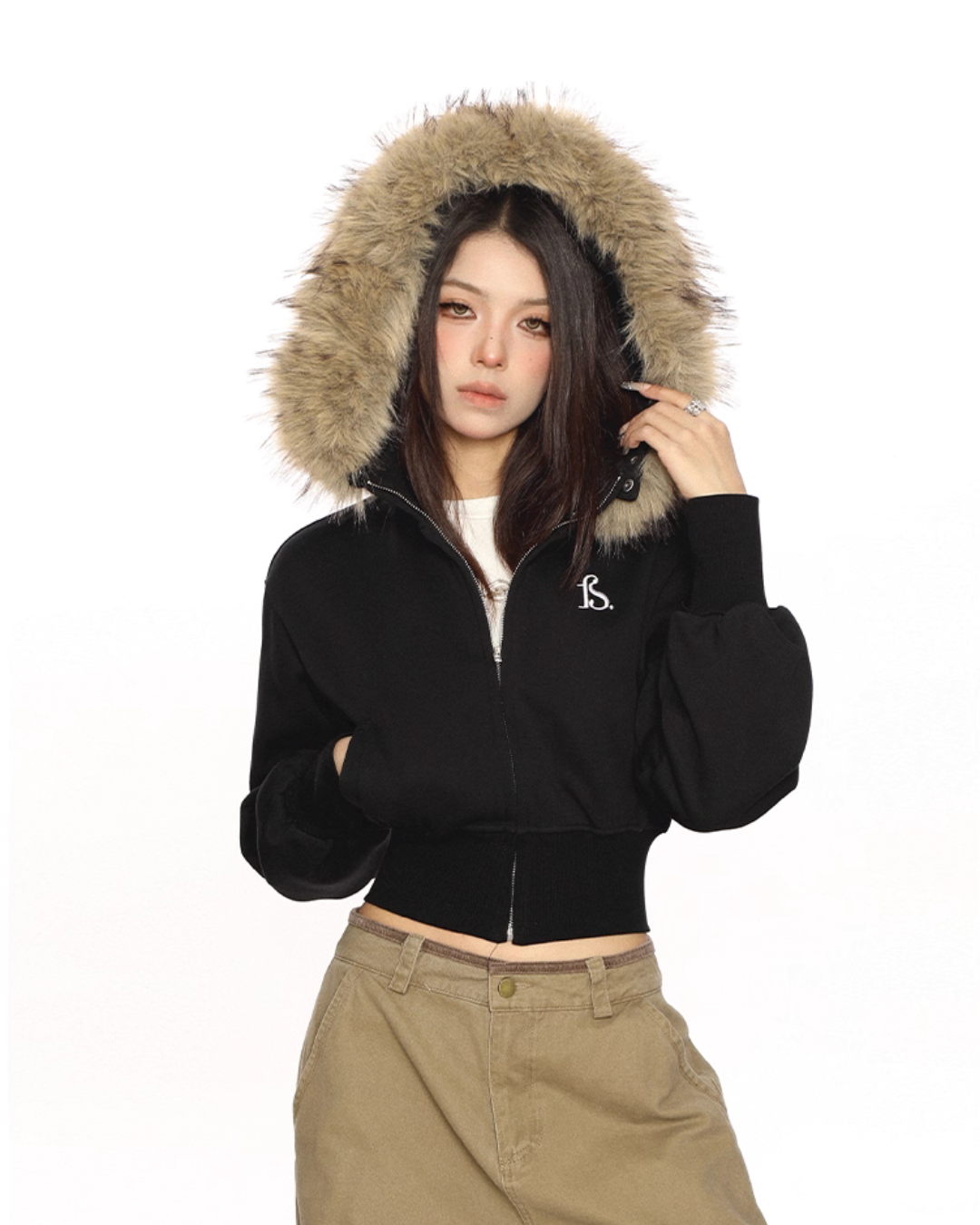 Fur Cropped Zip Up Hoodie BGS0013