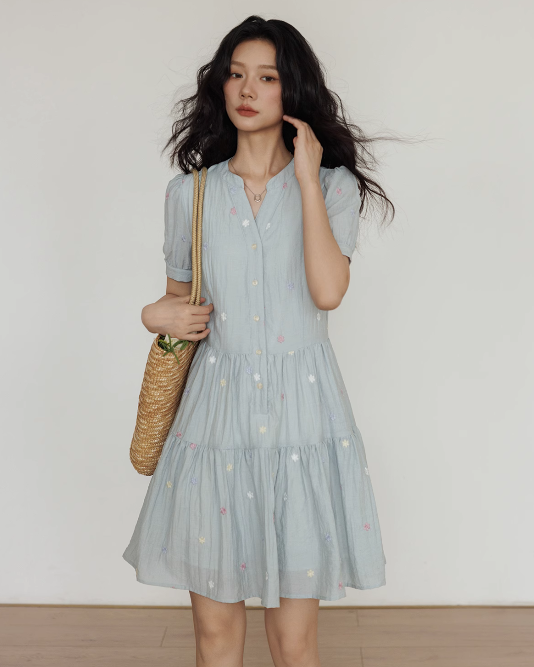 Flower Embroidery Tiered Mini Dress VAS0020