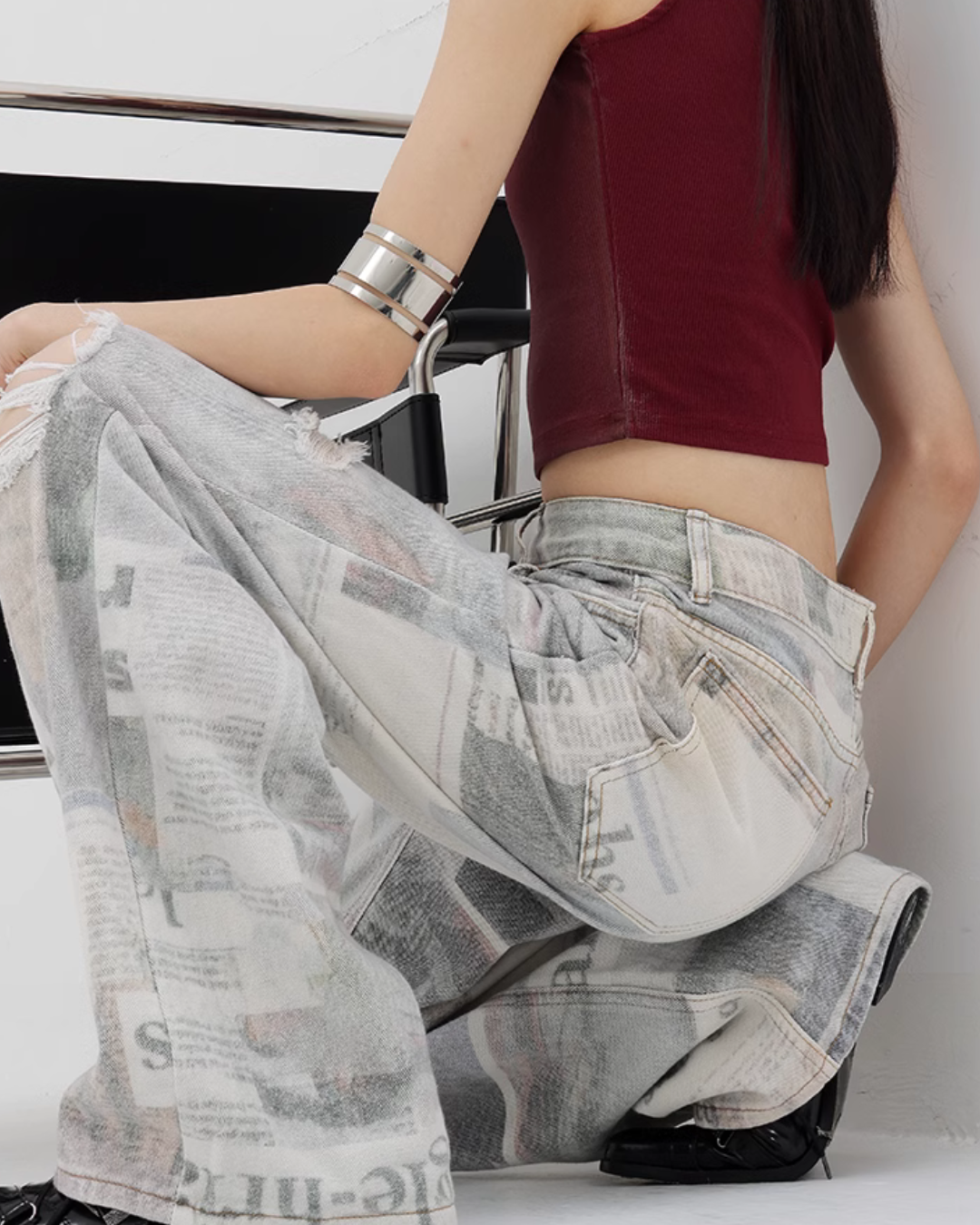 News Paper Print Wide Pants KNH0005