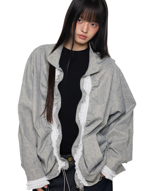Drawstring Stand Collar Lace Jacket EZK0105