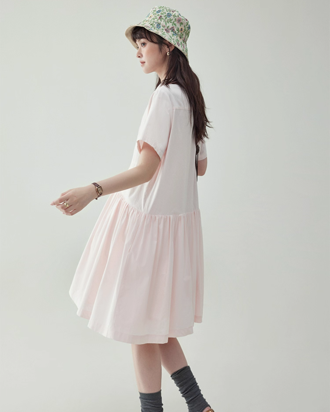 Relaxed Gathered Waist Cotton Dress AMU0027