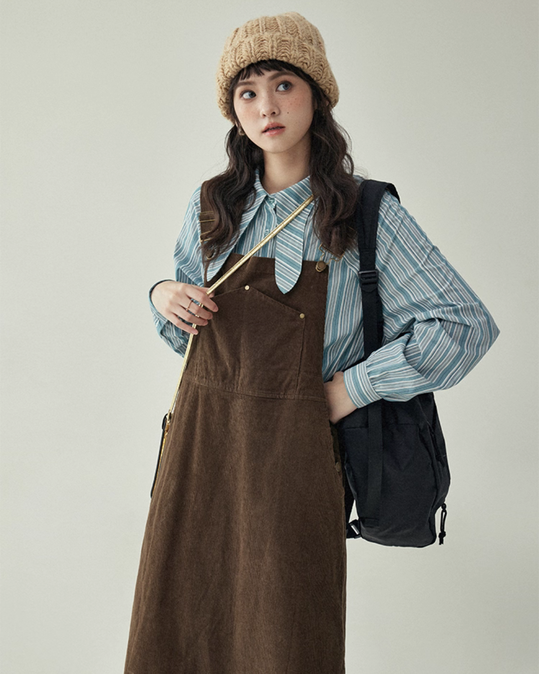 Blue Stripe Shirt / Wide Denim Pants / Corduroy Overall Skirt AMU0033