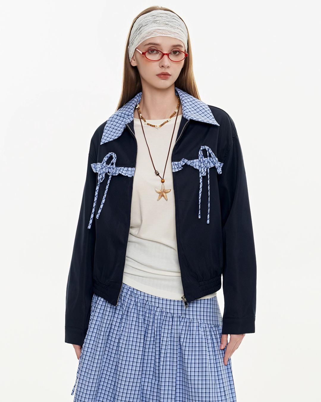 Retro Check Patchwork Jacket / A-Line Skirt MDB0011
