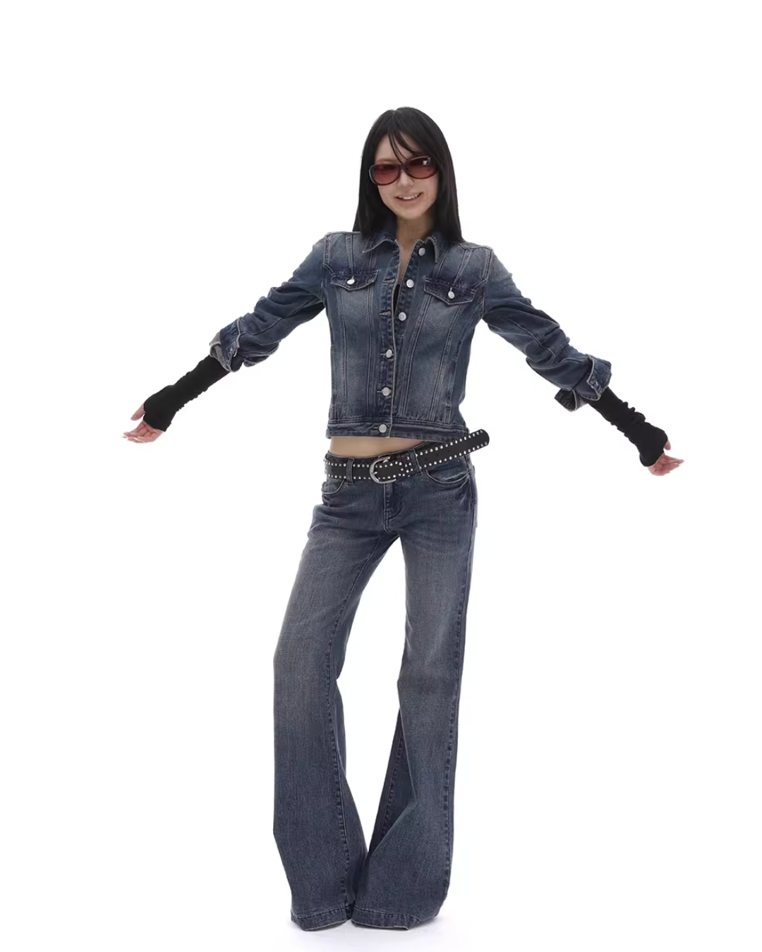 Washed Short Denim Jacket / Flare Slim Jeans IMX0008