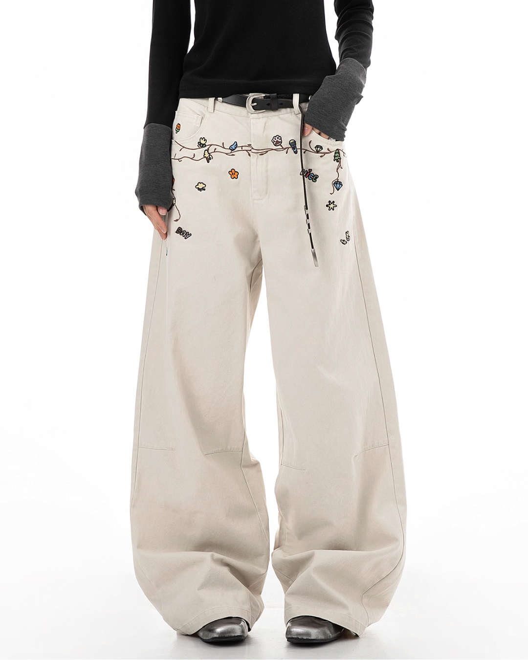 Floral Embroidery Wide Denim Pants ICM0116