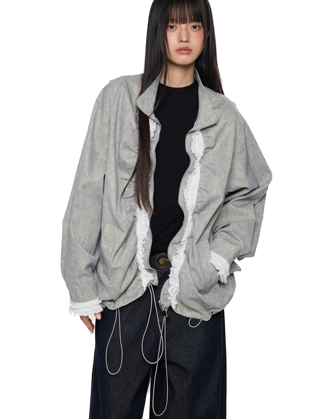 Drawstring Stand Collar Lace Jacket EZK0105