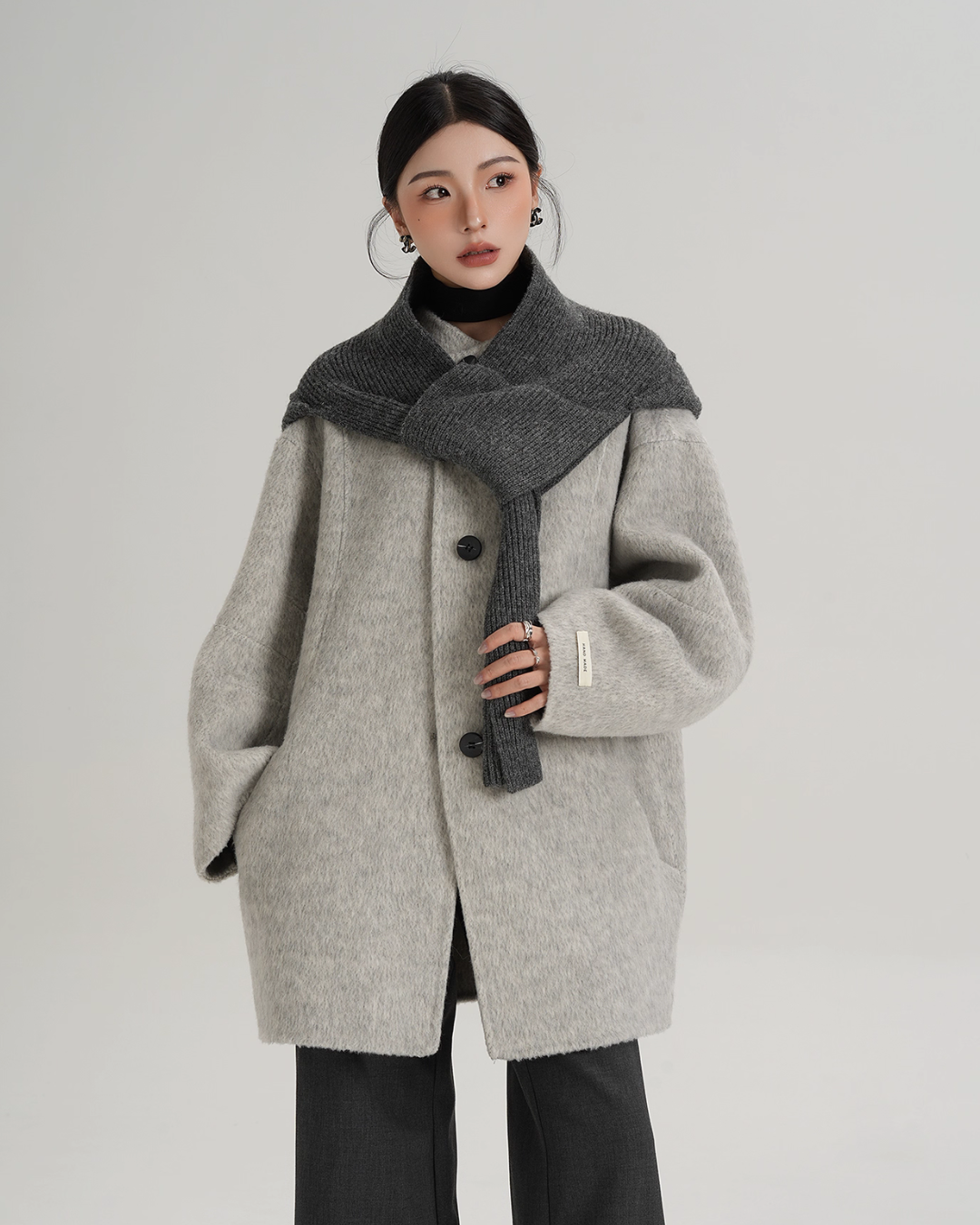 Hood Scarf Mid Length Wool Coat SRS0358
